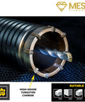 Close-up of 1 3/4 in SDS Plus carbide-tipped rotary hammer core bit by Mesa Diamond with tungsten carbide cutters.