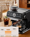 Dope Semi Automatic Espresso Machine With Built In Grinder And 20 Bar Pressure Pump showing rapid heating and coffee extraction features.