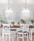 Dining room with Chrome Modern LED Pendant Light for Kitchen Island and Hallways, clear glass shade, hanging over table