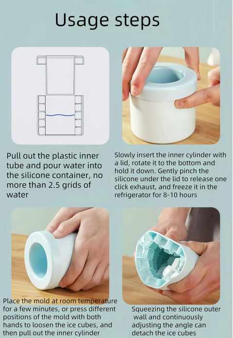 3D Upgraded Silicone Ice Cube Tray With Easy Release For Fast Ice 30 Cubes, Leak Proof And Space Saving Freezer Organizer, BPA Free, Ideal For Cocktails Coffee RV Office Parties Includes Travel Ice Bucket Blue shown with usage steps including water pouring, lid handling, and ice release techniques.