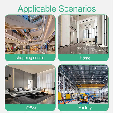 Four scenarios for DIN Rail Mount Modular Power Socket: shopping centre, home, office, factory.