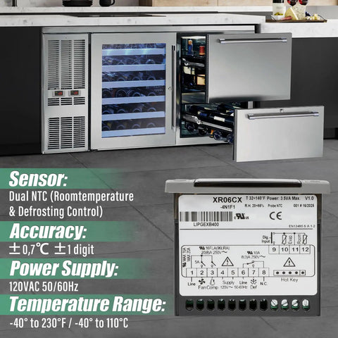 Digital Temperature Controller Replaces Dixell Xr06Cx For Commercial Freezers And Walk In Coolers 120 Volt AC Thermostat in a modern kitchen setup.