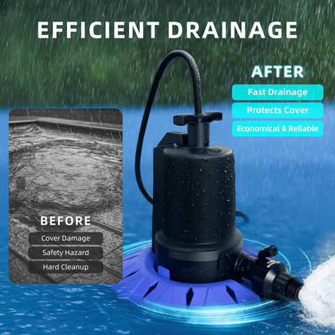 Efficient drainage with Automatic Pool Cover Pump With 1/4HP, 1800 GPH Submersible Sump Pump, water removal on pool cover.