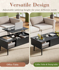 Wood Lift Top Coffee Table With Hidden Compartment And Large Storage Shelf Elevates To Dining Or Desk Height For Living Room And Home Office Slick Black Finish shown in two positions, one as an office table with lift-top open and the other as a dining table closed.