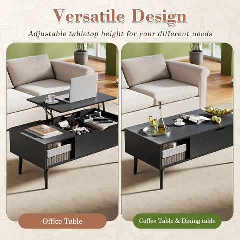Wood Lift Top Coffee Table With Hidden Compartment And Large Storage Shelf Elevates To Dining Or Desk Height For Living Room And Home Office Slick Black Finish shown in two positions, one as an office table with lift-top open and the other as a dining table closed.