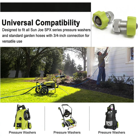 Aluminum Three Quarter Inch Pressure Washer Hose Adapter With Built In Filter shown with various compatible pressure washers