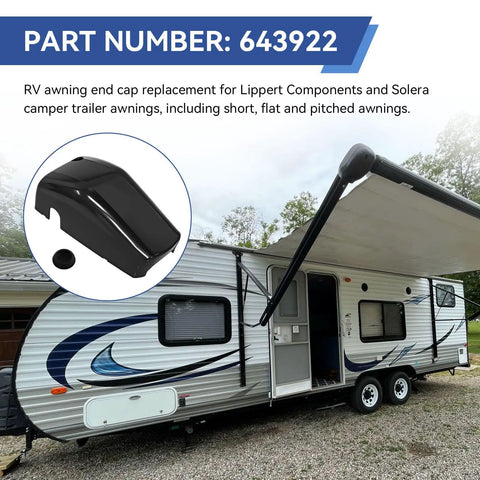 Right Side RV Awning Motor Cover 643922 For Camper Awnings And Drive Head End Caps Replacement Front End Cap For Awnings On Trailers Fits Various Systems Beefed Up Heavy Duty Durable Black, black ABS cap on RV awning
