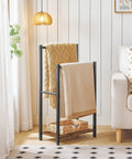 Freestanding Towel Rack And Blanket Holder For Bathroom, Two Tier Drying And Display Shelf In Rustic Brown And Black Finish