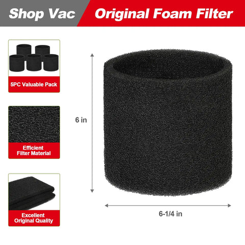 Foam Sleeve Filter Replacements For Most Wet Dry Vacuum Cleaners 5 Gallon And Up 5 Pack Premium Fit shown in packaging