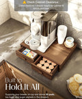Acacia Wood Dual Drawer Coffee Pod Storage Organizer For K Cup And Nespresso Pods Walnut Finish Two Tier Pod Holder With Drawers 30 Pod Capacity Coffee Station Organizer For Home Kitchen with coffee machine and cups on top