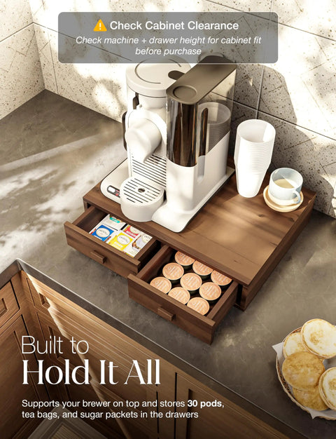 Acacia Wood Dual Drawer Coffee Pod Storage Organizer For K Cup And Nespresso Pods Walnut Finish Two Tier Pod Holder With Drawers 30 Pod Capacity Coffee Station Organizer For Home Kitchen with coffee machine and cups on top