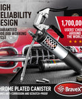 Bravex pistol-grip grease gun with chrome-plated canister and 18-inch flexible hose, side view