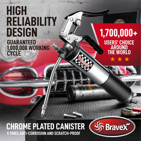 Bravex pistol-grip grease gun with chrome-plated canister and 18-inch flexible hose, side view