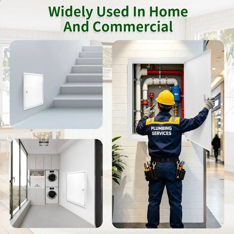 No Fuss 22X30 Drywall Access Panel With Heavy Duty Lock in use, providing access to plumbing behind a wall.