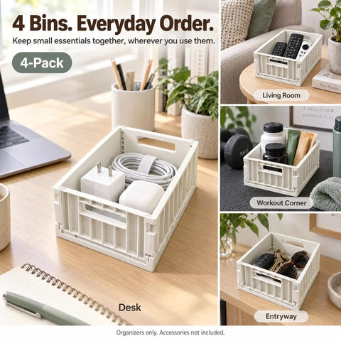 Top Shelf Foldable Storage Bins Four Pack Hella Space Savers For Tiny Apartments Dorm Rooms And Closets Easy Flat Fold Plastic Organizer Crates With Secure Lids Beige on a desk with charging accessories.