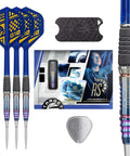 Top Tier Steel Tip Darts Set Featuring Ninety Five Percent Tungsten With Kick Butt Accuracy And Slick K Flex Flights Shafts designed with blue flights and precision barrels.