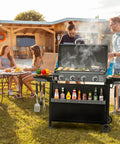PD4001 4 Burner Propane Gas Griddle With Removable Cart, black griddle with hood, people cooking and dining outdoors
