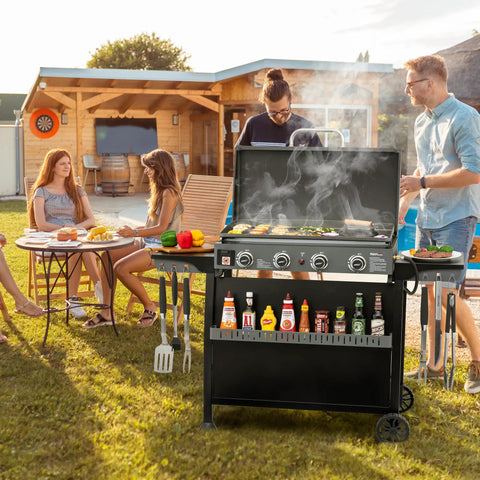 PD4001 4 Burner Propane Gas Griddle With Removable Cart, black griddle with hood, people cooking and dining outdoors