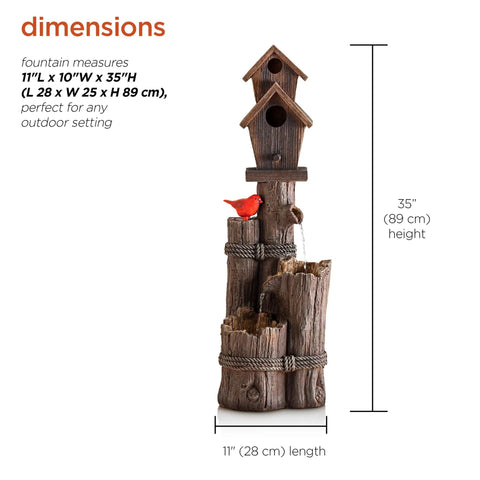3 Tier Outdoor Birdhouse Water Fountain With Cardinal Accent, Rustic Brown Garden And Patio Decor, 35 Inch Tall