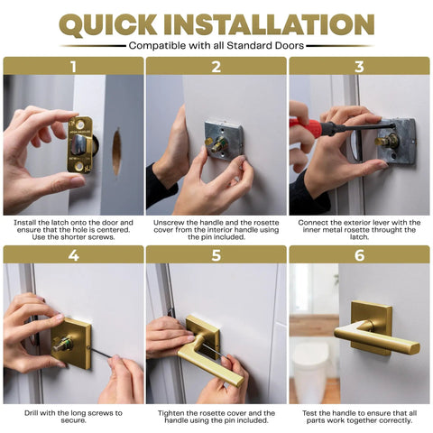 Installation steps for Privacy Lever Door Handle Set For Hallways And Bathrooms Keyless Design Fits All Standard Doors Covered Screws Included Satin Brass Finish 5 Inch Length Easy Install Hardware