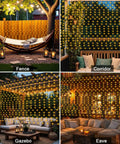 Solar Curtain Lights Outdoor 200 LED Set illuminating fences, corriders, gazebos, and eaves with warm white glow.