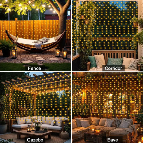 Solar Curtain Lights Outdoor 200 LED Set illuminating fences, corriders, gazebos, and eaves with warm white glow.