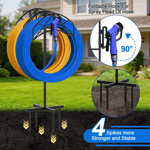 Heavy Duty Garden Hose Holder With Dual Hose Storage Holds 160 Ft Per Hose Freestanding Hose Reel Stand 90 Degree Rotatable Hook 4 Ground Spikes Outdoor Yard Lawn Sturdy Hose Organizer