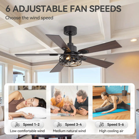 Breezary 52" Farmhouse Ceiling Fans with Lights and Remote, Industrial Ceiling Fan Cage Fandelier, 6-Speed Reversible DC Motor design with adjustable fan speed.