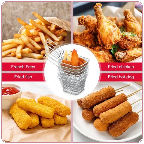 24 Pack Mini Square Fry Baskets Stainless Steel Mesh Holders With Heat Resistant Handles filled with fries, chicken, fish, hot dogs
