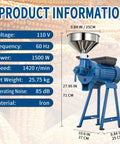2 In 1 Dry And Wet Grain Mill Grinder Electric 110V next to product specifications on corn background