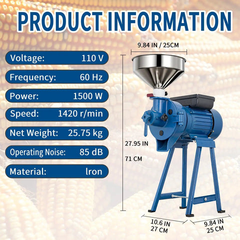 2 In 1 Dry And Wet Grain Mill Grinder Electric 110V next to product specifications on corn background