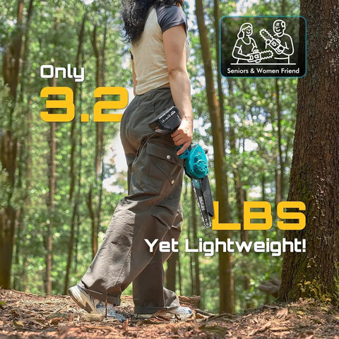 Person holding Dual-Bar Cordless Mini Chainsaw With 6 And 8 Inch Guide Bars, 1000W Brushless Handheld Wood Cutter, lightweight