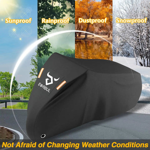 Beefy 420D Tricycle Cover For 29 Inch Adult Three Wheeled Bikes, 75L 30W 44H Outdoor Weatherproof Storage, Waterproof Electric Trike Shelter For Most 3 Wheeled Bicycles, shown with sun, rain, dust, and snow protection