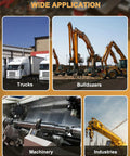 Four images showing applications: trucks, bulldozers, machinery, industries for Grease Fittings Kit With 280 Pieces SAE And Metric Zerk Fittings Assortment Including 1/4-28 And 1/8-27 M6 M8 M10 Straight 45 Degree And 90 Degree Angles For Automotive And Industrial Use Zinc Plated Steel.