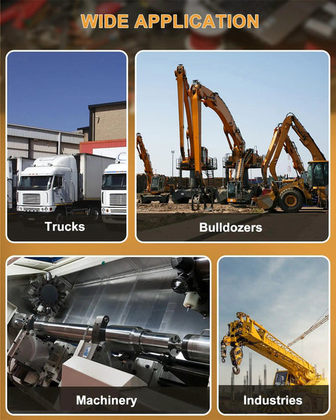 Four images showing applications: trucks, bulldozers, machinery, industries for Grease Fittings Kit With 280 Pieces SAE And Metric Zerk Fittings Assortment Including 1/4-28 And 1/8-27 M6 M8 M10 Straight 45 Degree And 90 Degree Angles For Automotive And Industrial Use Zinc Plated Steel.