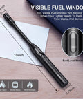 Refillable Butane Torch Lighter With Four And A Half Inch Flexible Neck, showing visible fuel window and black design on desk.