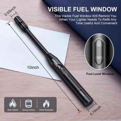 Refillable Butane Torch Lighter With Four And A Half Inch Flexible Neck, showing visible fuel window and black design on desk.