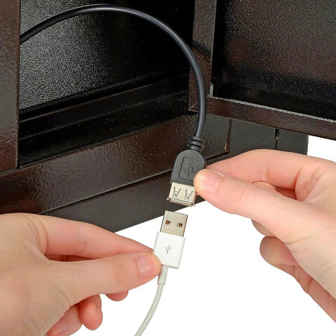 Person connecting USB cable in Eight Door Smartphone Charging Locker Featuring Sturdy Steel Build And Handy Power Outlets.