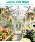 Effortless Plug-and-Play Drip Irrigation System With Quick-Connect Fit in greenhouse with flowers, misting nozzles visible