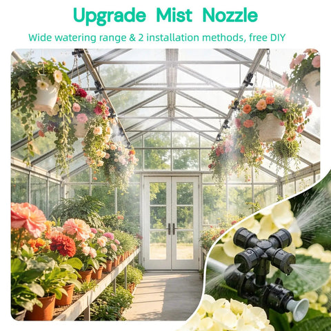 Effortless Plug-and-Play Drip Irrigation System With Quick-Connect Fit in greenhouse with flowers, misting nozzles visible