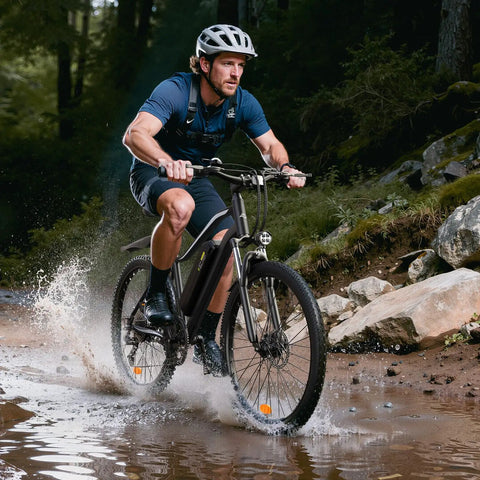 Rider on Powerful 1500W Peak Electric Bike For Adults With 80 Mile Range crossing a muddy path in the forest