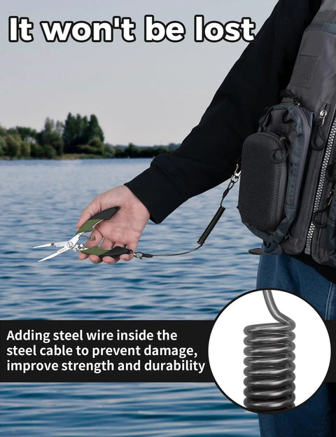 Person holding Decked-Out Fishing Tools Kit With 6.5 Inch Pliers And 4.6 Inch Scissors, lanyard attached, near water.