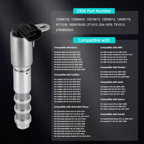 Oil Control Valve Solenoid Kit OCV For GM 2.8L 3.0L 3.6L Engines With VVT Solenoids product view with compatibility list