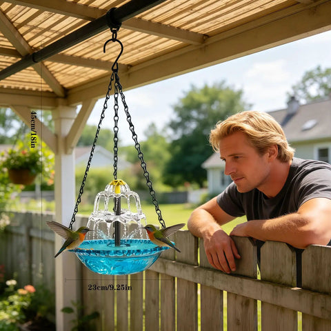 Man observing Solar Bird Bath Fountain With Hanging Cascade Water Bowl And Pump Outdoor Garden Decor For Hummingbirds Easy Sun Powered Water Feature That Runs On Direct Sunlight No Batteries Needed Blue hanging under pergola