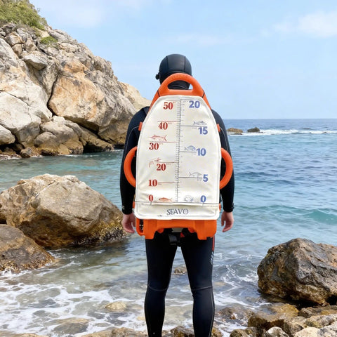 Spearfishing Float Buoy With Foldable Carbon Fiber Flagpole And D Ring Handles Built In Fish Measuring Ideal For Freediving Snorkeling Rescue And Underwater Sports Orange Red in use on rocky shore