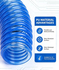 Premium Heavy Duty Shop Grade Self Retracting PU Coiled Air Hose For Air Compressors Featuring Tough Polyurethane Build with visible coiled design.