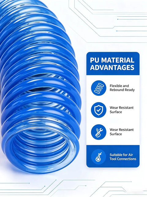 Premium Heavy Duty Shop Grade Self Retracting PU Coiled Air Hose For Air Compressors Featuring Tough Polyurethane Build with visible coiled design.