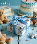 Blue Teddy Bear Hot Air Balloon Baby Wrapping Paper Roll For Baby Boy Birthday And Baby Shower Mini Roll 17 Inches By 32 Point 8 Feet 46 Sq Ft Totally Cute Gift Wrap with blue ribbon