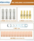 Premium 29 Pc Mig Welder Consumable Set featuring contact tips, gas nozzles, and diffusers for Mb15 torch setup.