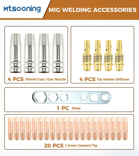 Premium 29 Pc Mig Welder Consumable Set featuring contact tips, gas nozzles, and diffusers for Mb15 torch setup.